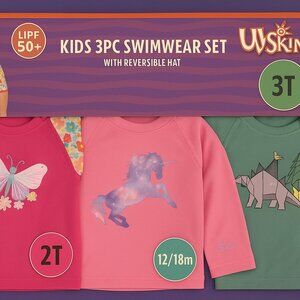 SKINZ Girls 3PC Swim Set Graphic Tee/Skirt/Reversible Hat